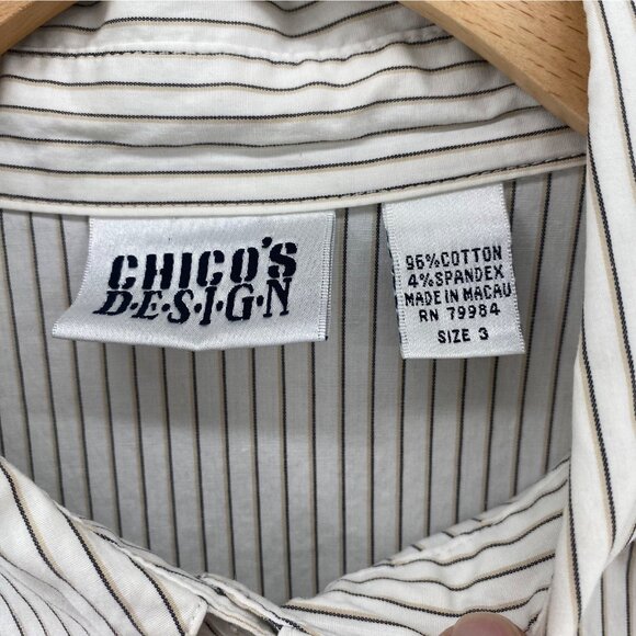Chicos Shirt Womens 3 US Extra Large White Striped Button Up Collar Long Sleeves - Picture 5 of 9